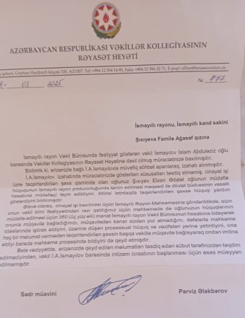Vəkilin qanunsuz tələb etdiyi iddia edilən 800 AZN: Ailə Vəkillər Kollegiyasının qərarından narazıdır- FOTOLAR