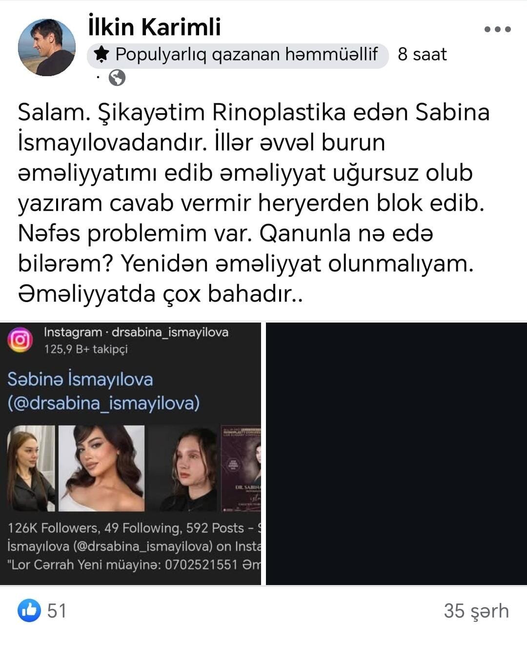 Plastik cərrah Səbinə İsmayılovadan şikayət –“Əməliyyat masasından qaçdım”