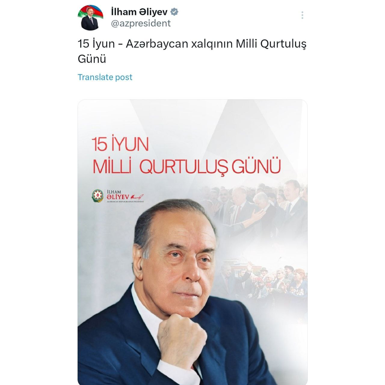 Prezident İlham Əliyev sosial şəbəkə hesabında Milli Qurtuluş Günü ilə bağlı paylaşım edib
