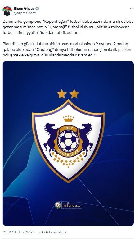 Prezident “Qarabağ”ı Kopenhagendən təbrik etdi - Foto