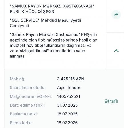 Samux Mərkəzi Xəstəxanasının "tibbi tullantıların" daşınmasına ayırdığı 3,4 milyonluq tenderi... - FOTO