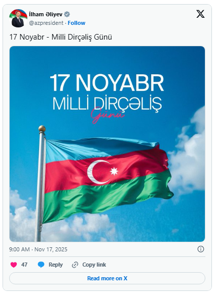 İlham Əliyev Milli Dirçəliş Günü münasibətilə paylaşım edib