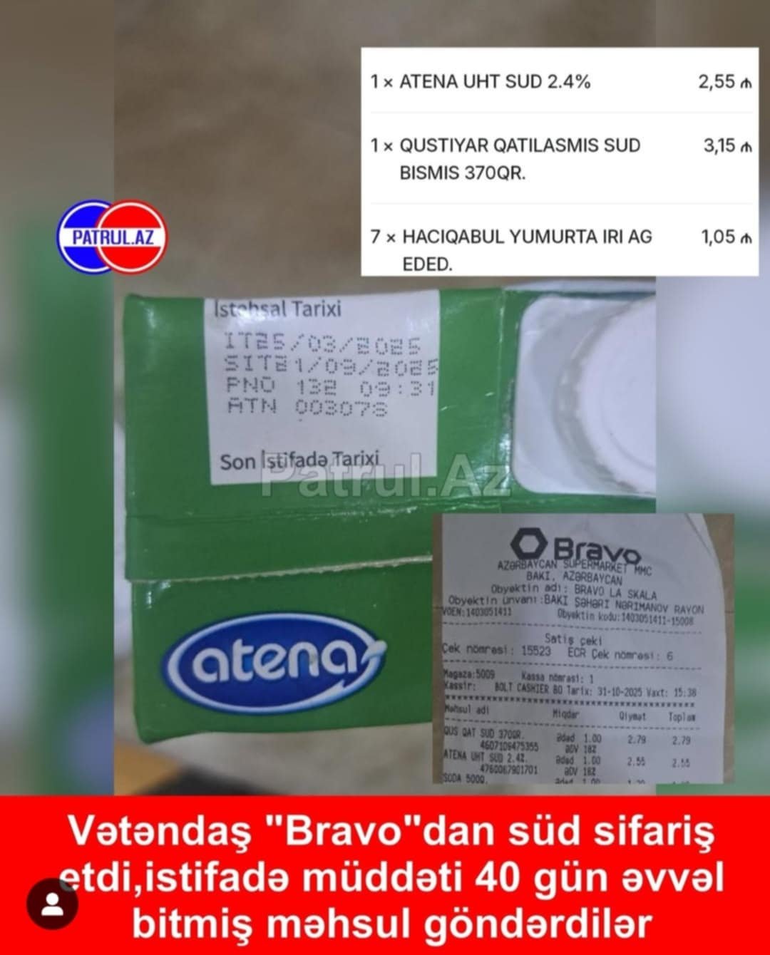“Bravo”da müştəriyə vaxtı keçmiş məhsul satılıb-Fotofakt