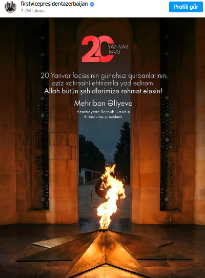 Mehriban Əliyeva 20 Yanvar faciəsinin ildönümü ilə bağlı paylaşım edib