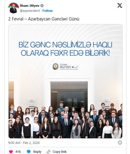 Prezident Gənclər Günü münasibətilə paylaşım edib