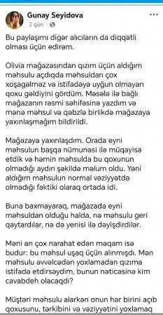 “Olivia”dan uşaq üçün alınan məhsul xarab çıxdı – Foto