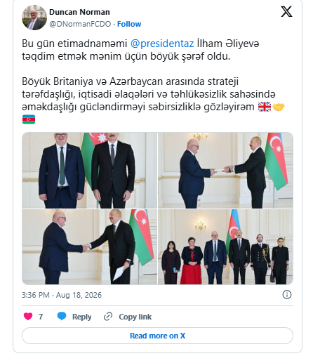 Britaniyanın yeni səfiri: Etimadnaməmi İlham Əliyevə təqdim etmək mənim üçün böyük şərəf oldu