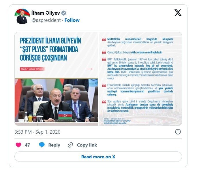 İlham Əliyevin sosial media hesablarında "ŞƏT plyus" formatında görüşündəki çıxışına dair paylaşım edilib