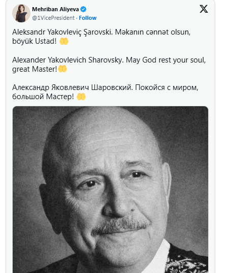Mehriban Əliyeva Xalq artisti Aleksandr Şarovskinin vəfatı ilə bağlı paylaşım edib
