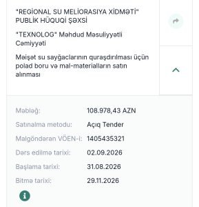 Su Meliorasiya Xidmətinin tenderində maraqlı tarix: Qalib elandan iki gün əvvəl işə başlayıb? - BU NƏDİ BELƏ?
