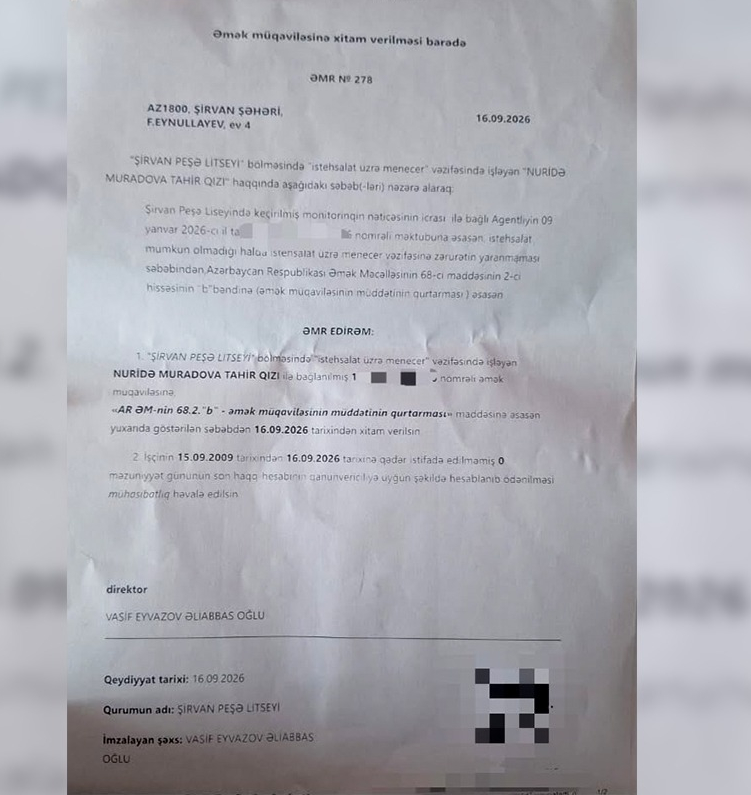 Şirvan Peşə Liseyində Eyvazov və Bayramlı xofu - 25 ilin işçiləri işdən niyə çıxarılır?
